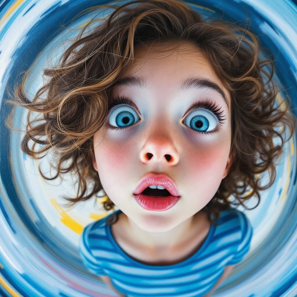 AI generated: fisheye effect circular composition oil painting, central close-up of a girl's face with large eyes,...