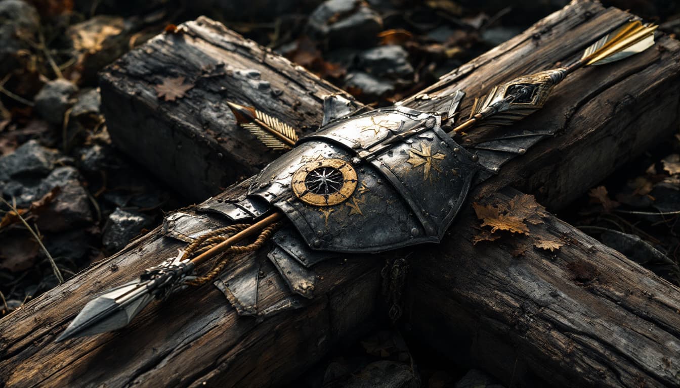 AI generated: It creates the armor of a warrior corpse lying on a wooden cross with an arrow in its chest, a Nordi...