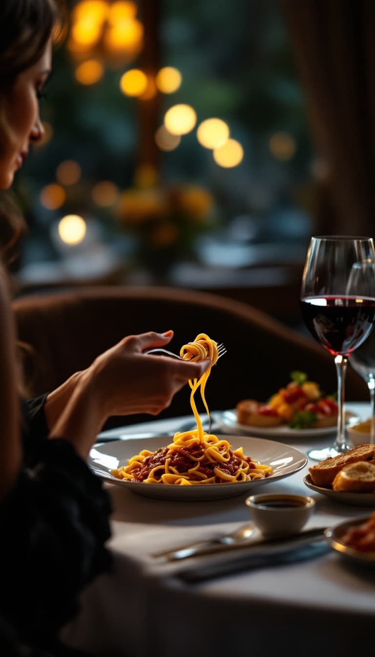 AI generated: A sophisticated evening scene in an upscale Italian restaurant. A woman sits at a beautifully set ta...