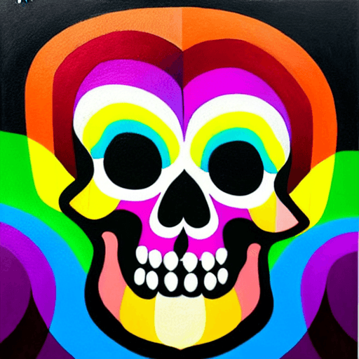 AI generated: Skull oil painting by Okuda San Miguel, Rainbow geometric architectures blend with organic shapes, P...