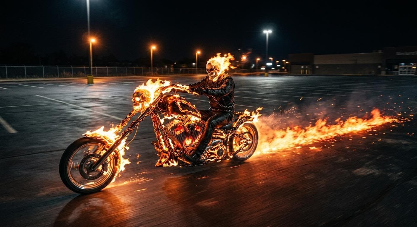 AI generated: Ghostrider's stretched flaming skull and chains motorcycle in an empty parking lot at night driving ...