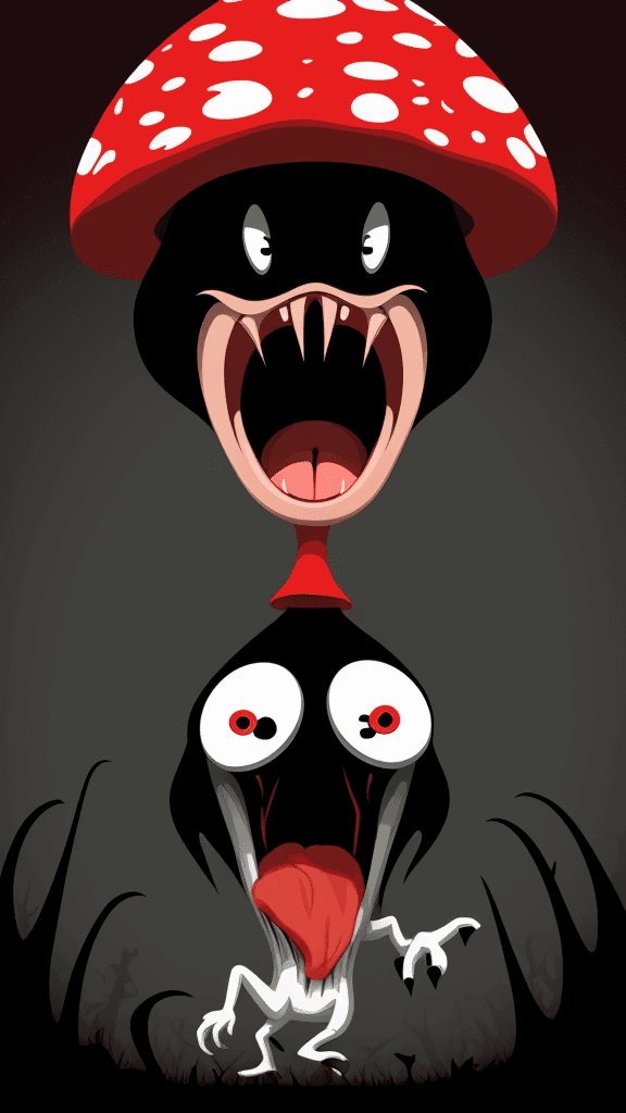 AI generated: vector horror art on the diverse background, a screaming crazy anthropomorphic evil mushroom with 's...