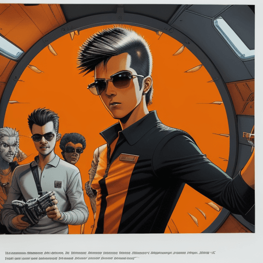 AI generated: A young man with spiky hairstyle in a polo shirt, wear a sunglasses inside a large spaceship, in the...