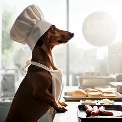 AI generated video: A hyperrealistic dachshund stands upright on its hind legs, working with calm focus in a modern hotd...