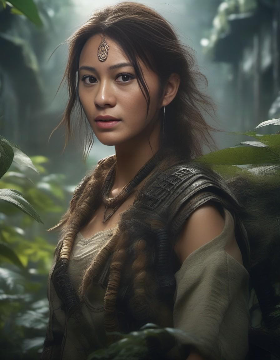 AI generated: portrait of a young very beautiful cute tribal woman, in a post apocalyptic city overgrown with lush...