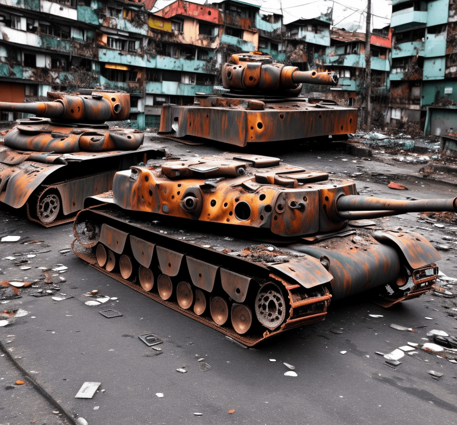 AI generated: a  lost  rusted camo big german Tiger tank  is dead. It is lying on its back on  the ground in the s...