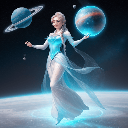 AI generated: Hyper realistic picture of Elsa like a God flying in space with planets floating around Elsa, flying...
