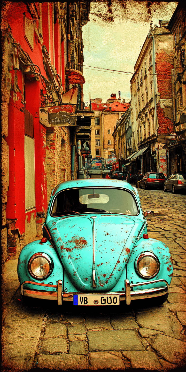 AI generated: vw beetle vintage poster, in the style of rustic simplicity, gritty reportage, kombuchapunk, rusty d...