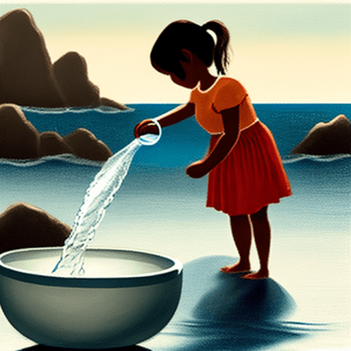 AI generated: a girl emptying water from a bowl into the sea