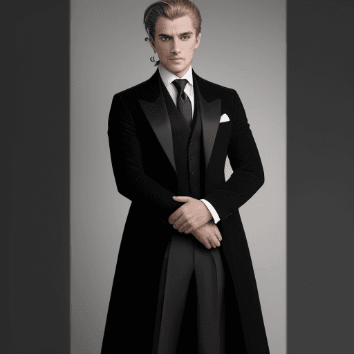 AI generated: The man stands before the camera, dressed in elegant attire, with his hair neatly styled.