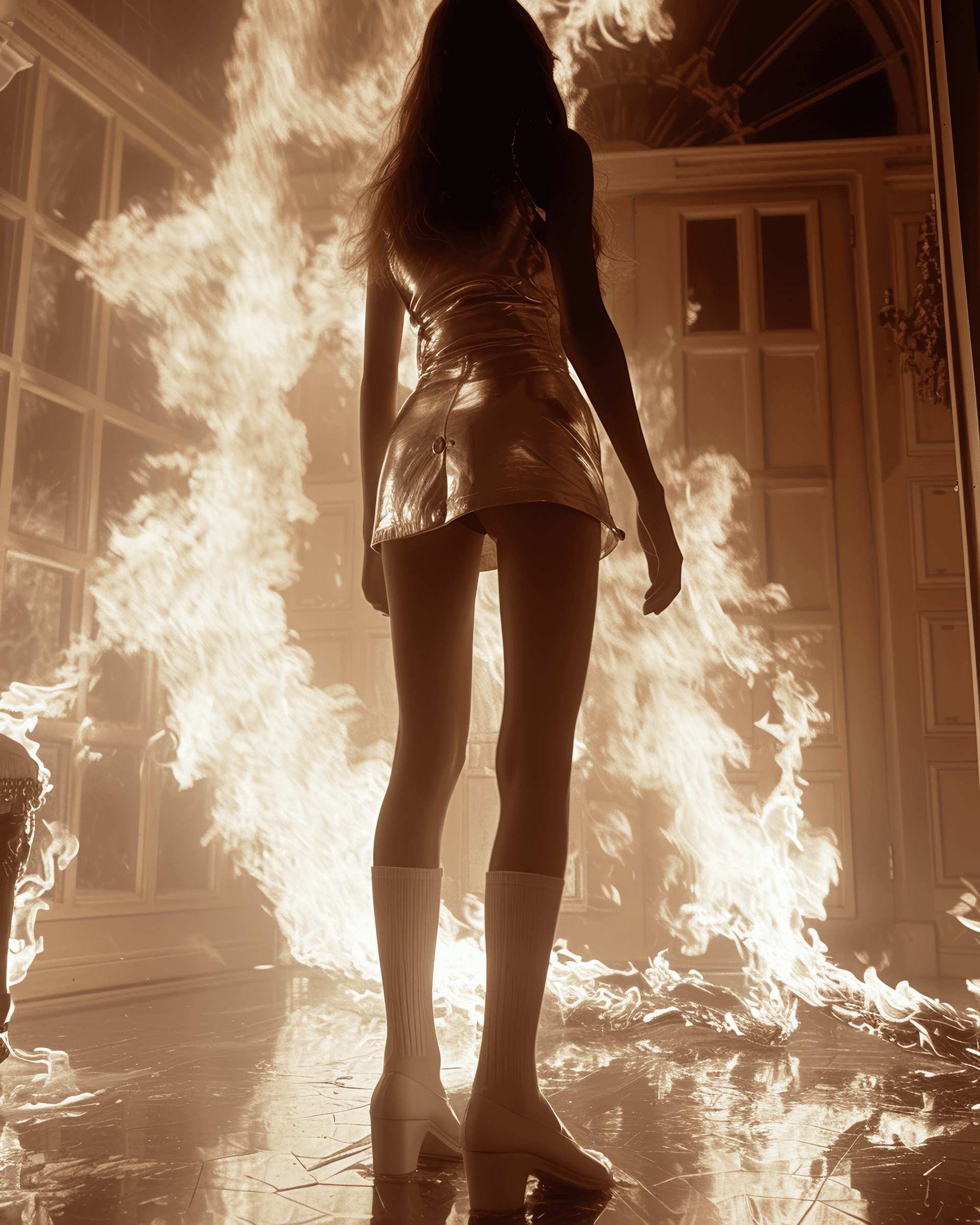 AI generated: someone burning wearing a leather dress and white socks, in the style of postmodern photography, kar...