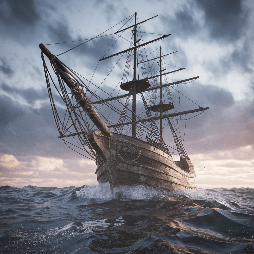 AI generated: Photo of a ultra realistic sailing ship, dramatic light, pale sunrise, cinematic lighting, battered,...