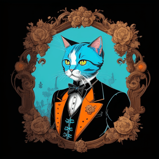 AI generated: illustration of an gentleman cat, in the style of 2d game art, cyan and orange, 32k uhd, necropunk, ...