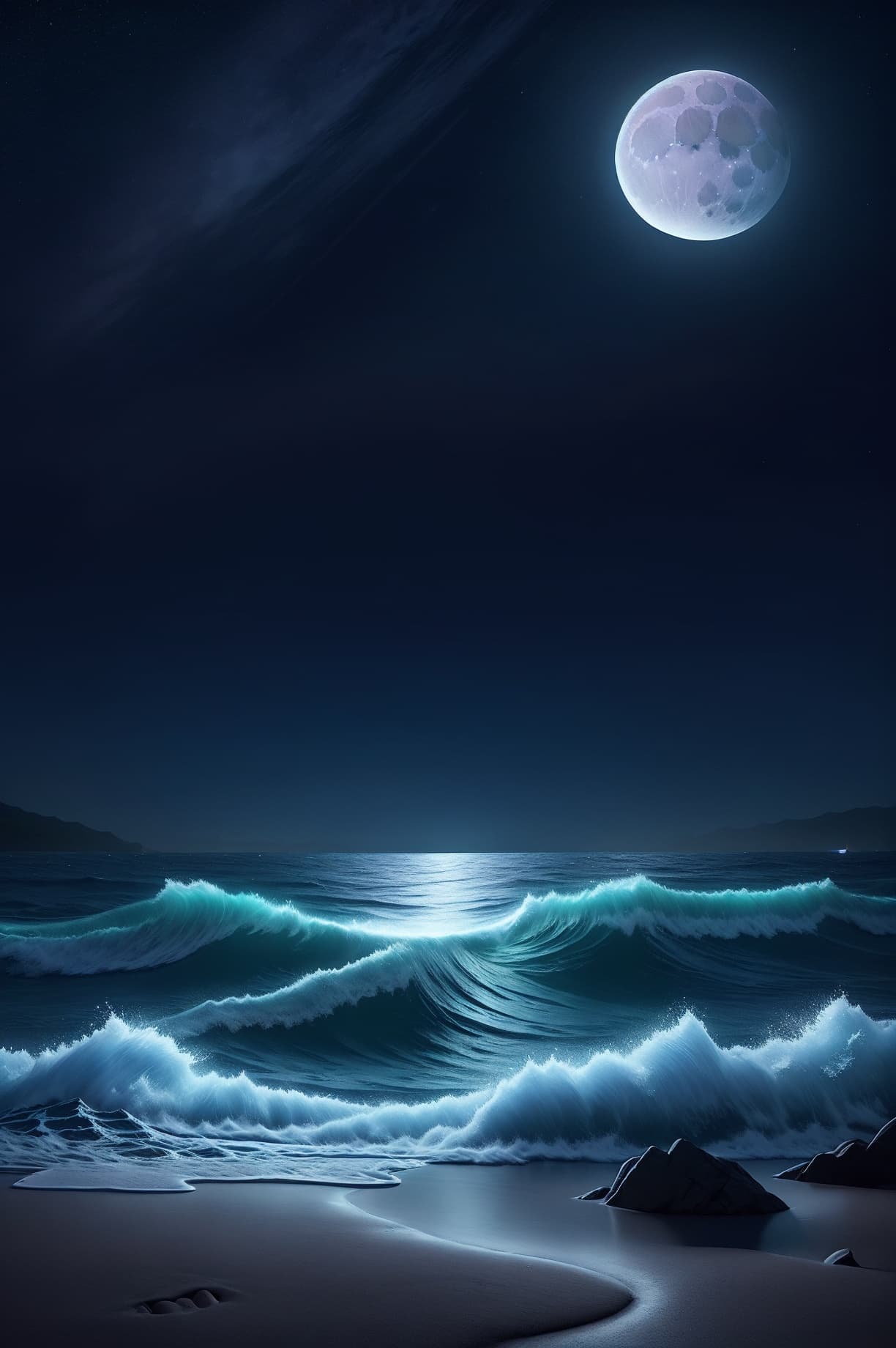 AI generated: neon light art, in the dark of night,  moonlit seas, clouds, moon, stars, colorful, detailed, 4k