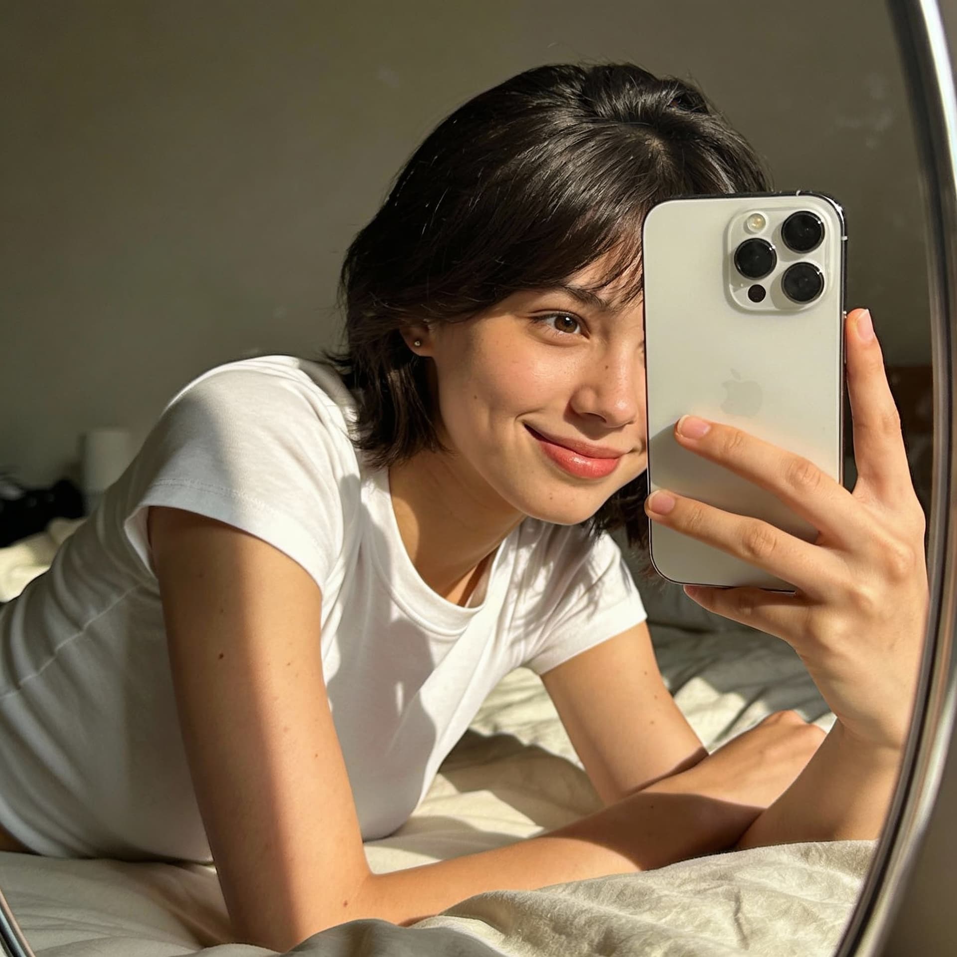 AI generated: create a girl in bed with natural light and she take selfie in mirror and skinny body shape with whi...