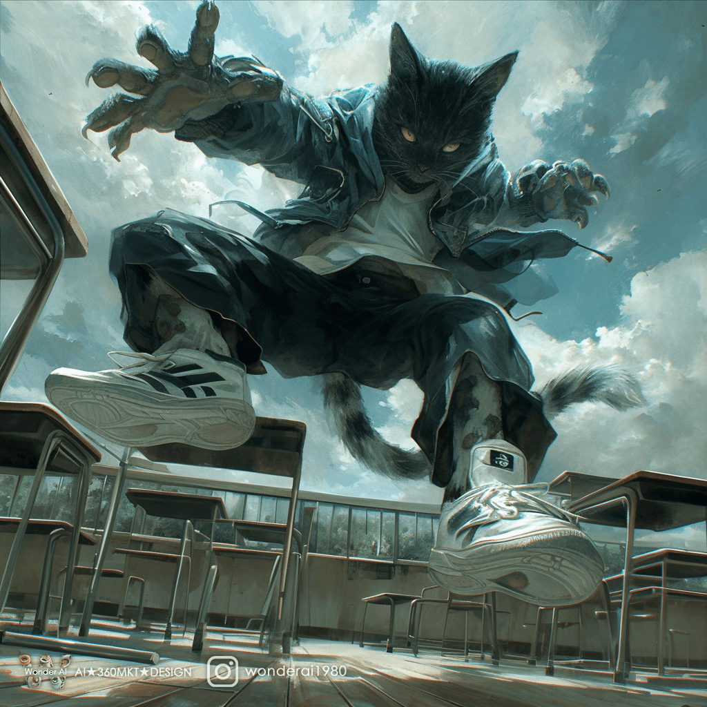 AI generated: real Anthropomorphic cute Cybernetic cat wearing Adidas jacket and sneakers, (((cracked floors))), (...