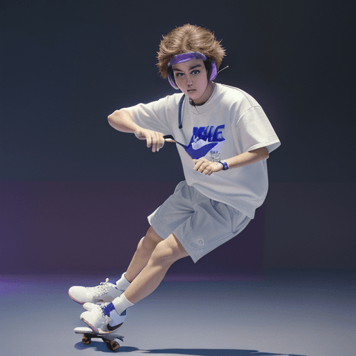AI generated: A cool skateboarding boy, white skin, MD clothing, trendy clothing, fluffy hair, exquisite facial fe...