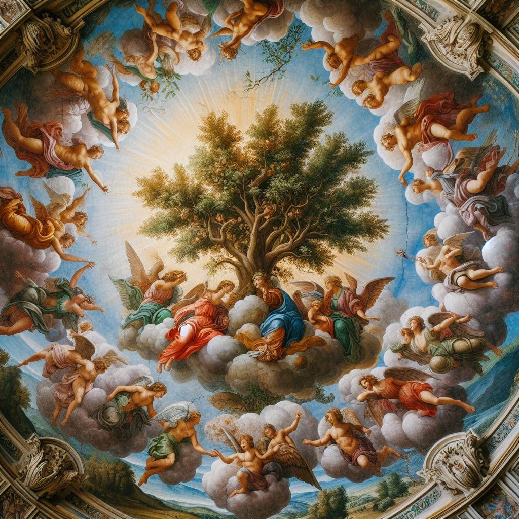 AI generated: Renaissance fresco in style of Michelangelo. Paradise, Tree of Life. Fragile paintings with cracks a...