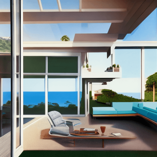 AI generated: Hyper realistic eye level exterior photo of a mid century modern style house overlooking the ocean, ...