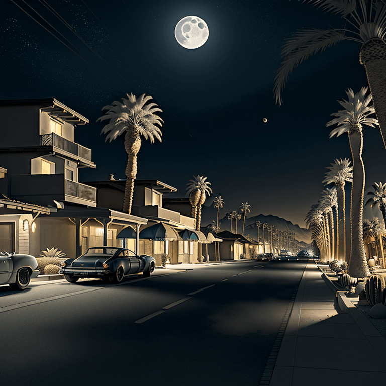 AI generated: The image captures a serene night scene on a Palm Springs street, where the moon casts a gentle glow...