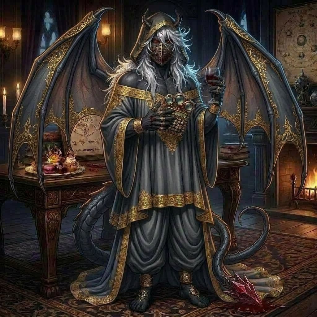 AI generated: give this demon devil wings and a tail that match his color theme