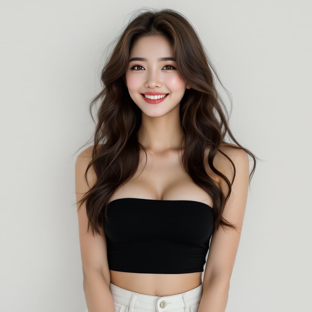 AI generated: korean, whole body, perfect face, perfect skin, flawless skin, smile, tube top, short pants, highly ...