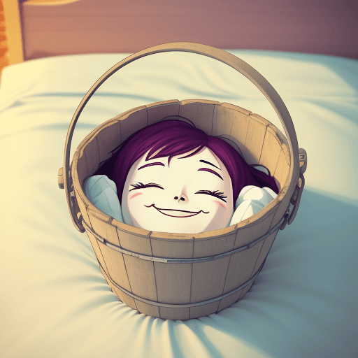 AI generated: cartoon style image of a bucket with closed eyes and smiling sleeping in a bed