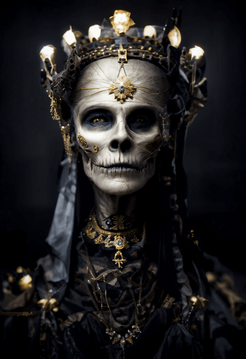 AI generated: The image features a dead old queen in full attributes, depicted as a mummy. She is wearing a crown ...