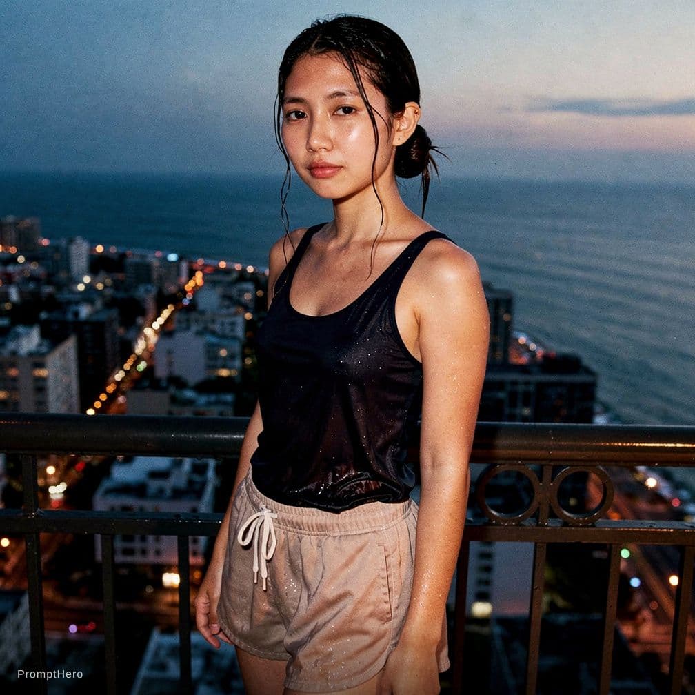 AI generated: A documentary style photograph of a young female on a high balcony just after swimming. Her long dar...