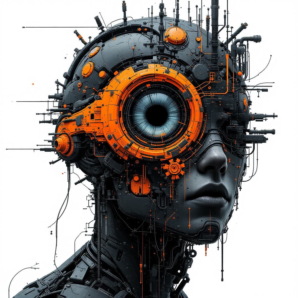 AI generated: artistic, portrait, synthetic human mechanic, complexity with details, empty eye, limited colors are...