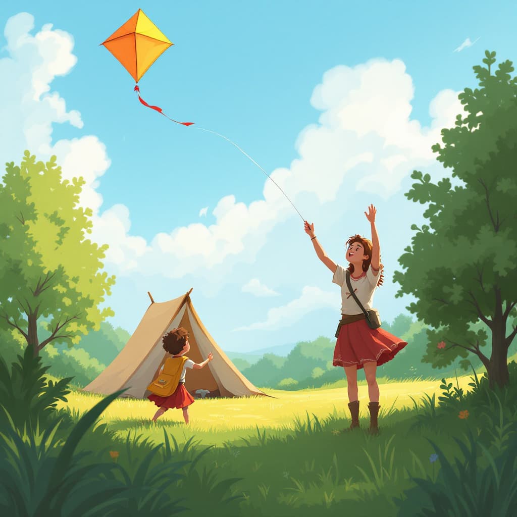 AI generated: Create a hero from a camp , fly a kite with your friends.