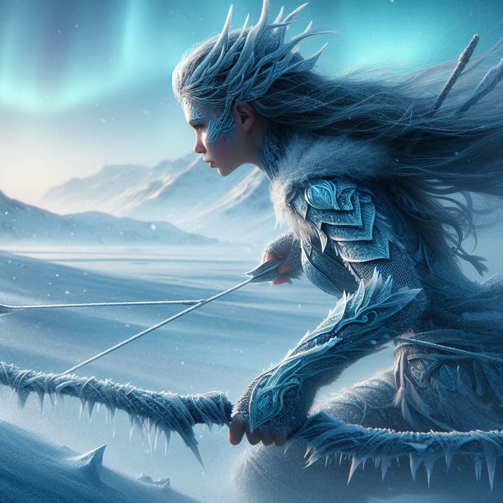 AI generated: On the edge of a vast, frozen tundra, Sif, a fierce and agile frostbite ranger, tracks her prey acro...