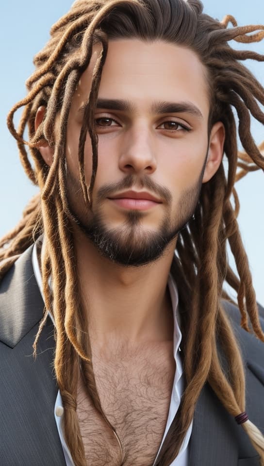 AI generated: A stunning and elegant young white man with brown dread lock hair and brown eyes looking to the came...