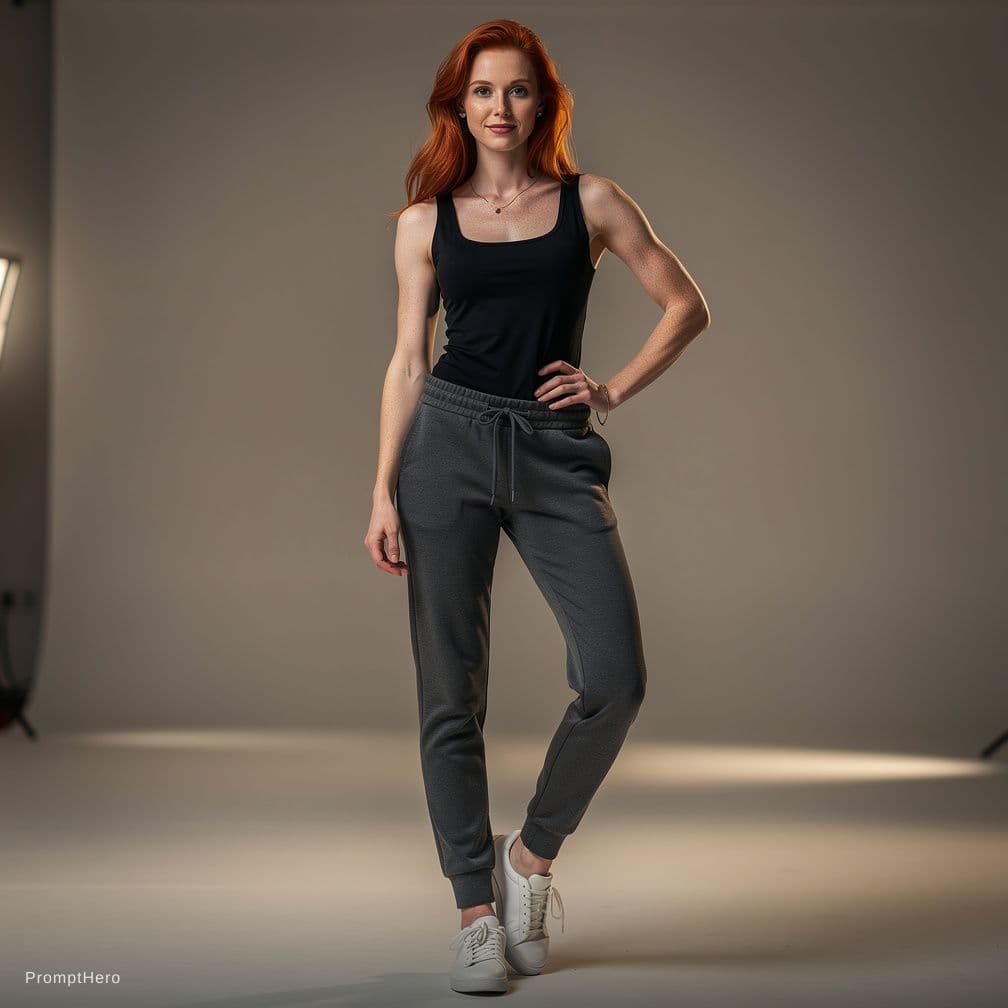 AI generated: red-haired woman with a slim frame and massive ass, wearing tight dark grey sweatpants that hug her ...