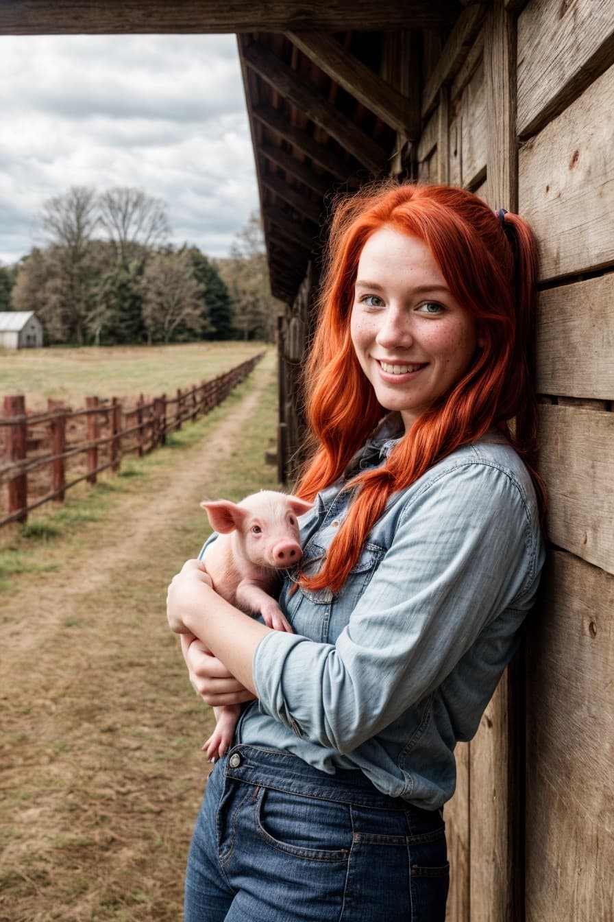 AI generated: a stunningly attractive red haired farm girl with freckles, hair is in pig tails, dressed in a flann...