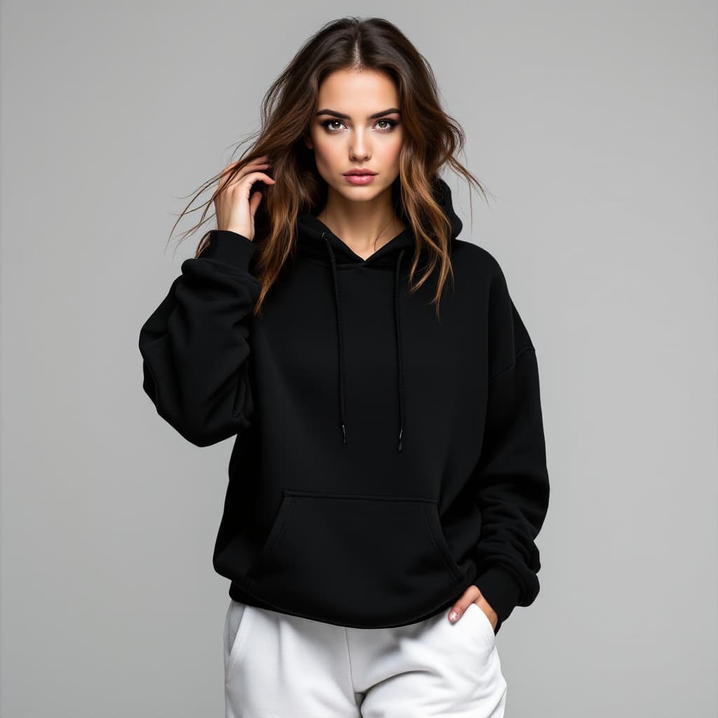 AI generated: 22 years old Woman walking in black hoodie and white sweatpants, serious expression, hand in her hai...
