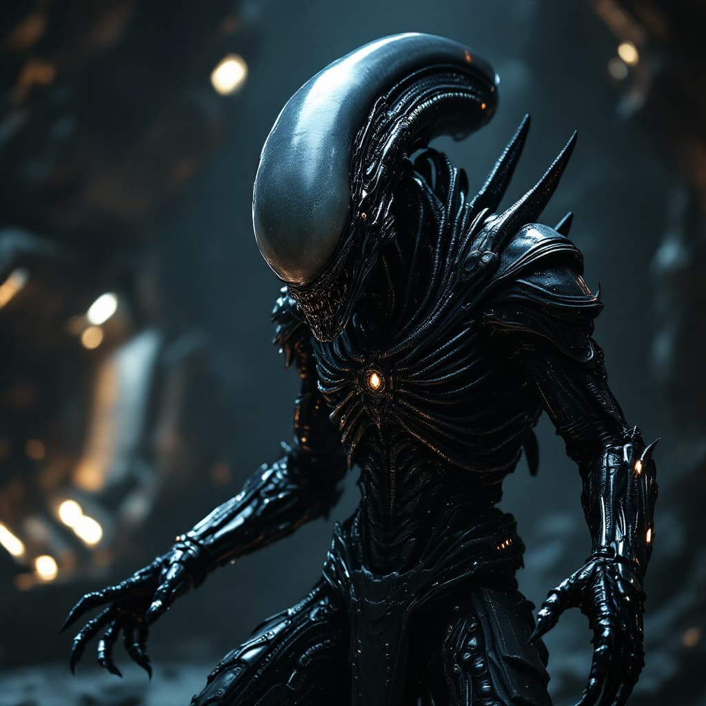 AI generated: An ancient alien xenomorph warrior, black and grey, metallic, blends into the darkness on the space ...