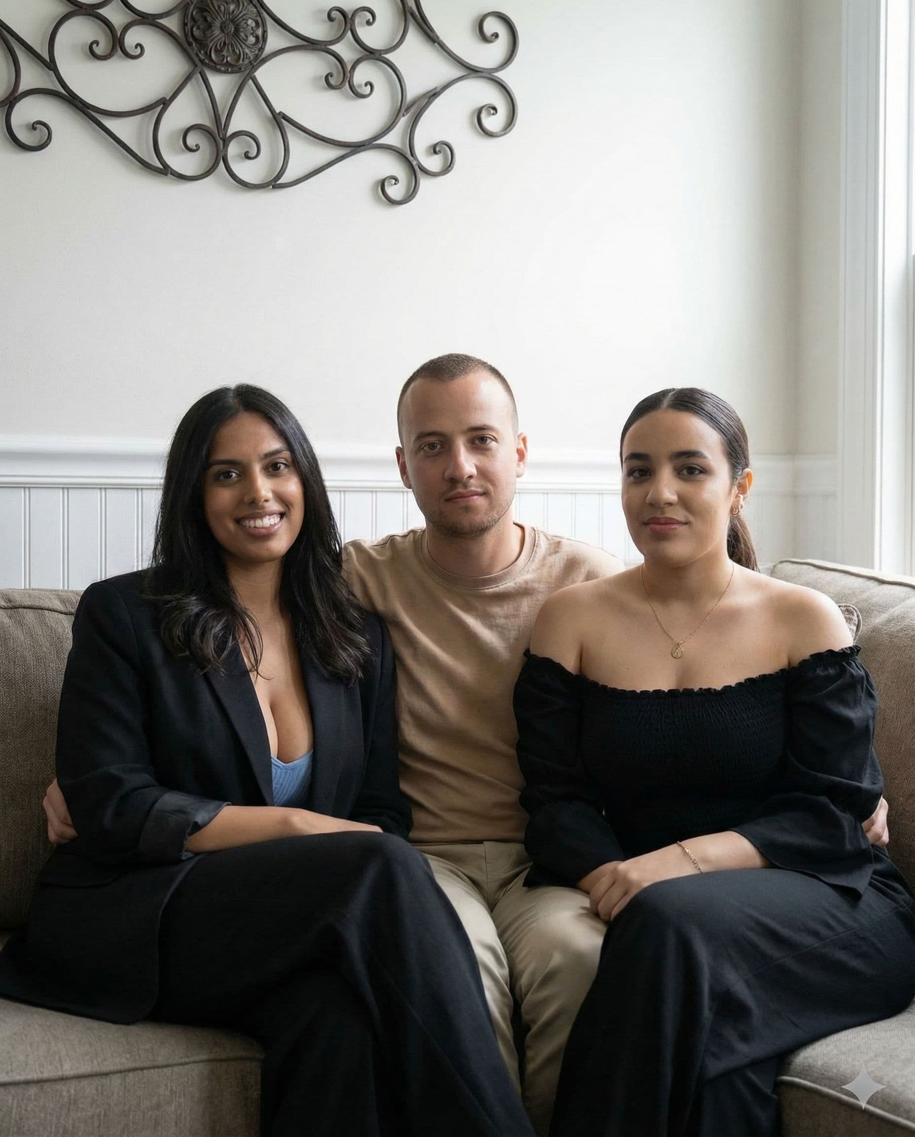 AI generated: Raw photo of three characters in threesome on couch against white wall with wainscoting and dark orn...