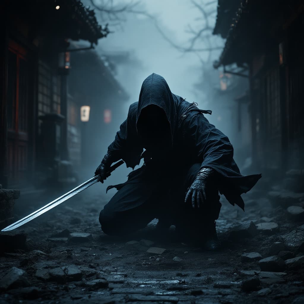 AI generated: the Ninja, Performing some kind of action, horror ,The setting is in the decayed Edo period of Japan...