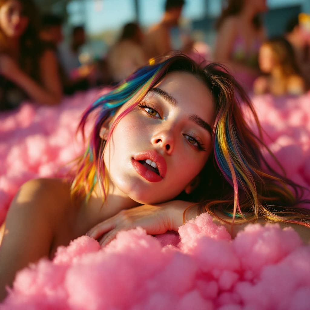 AI generated: 20 yr old fashion model with multicolored rainbow hair, fair skin, and a subtle smile gazes directly...
