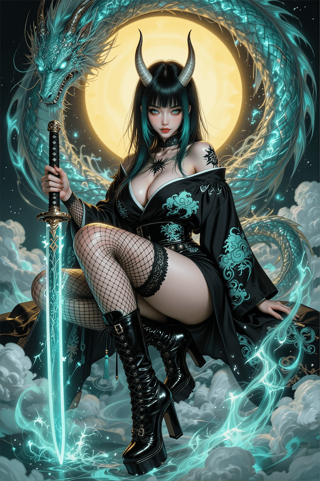 AI generated: The image is a vertical, ultra-high-quality anime illustration of an "Oni" (demon) warrior woman. Sh...