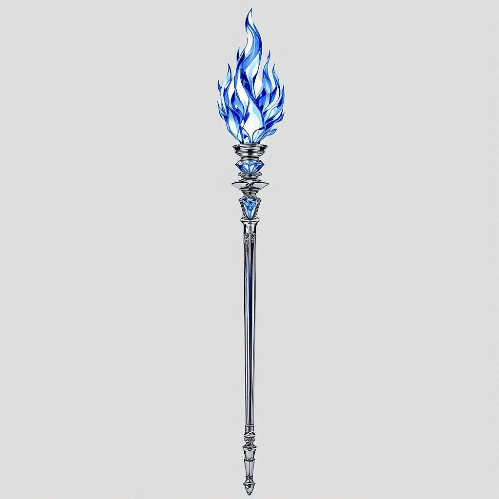 AI generated: Two foot long smooth, elegant, kingly silver scepter, no sharp metal points, rounded bottom, multifa...