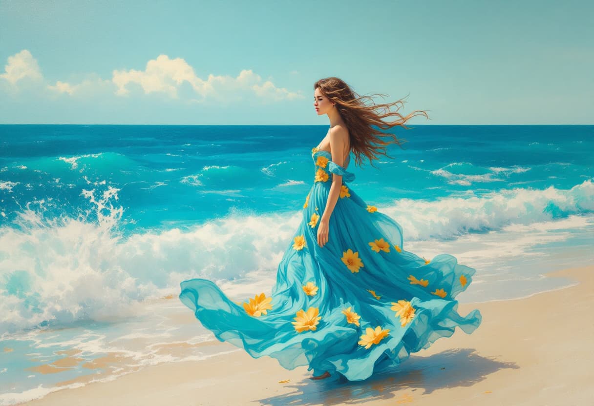 AI generated: A front view of a beautifully drawn woman with long flowing hair framed by a serene light blue ocean...
