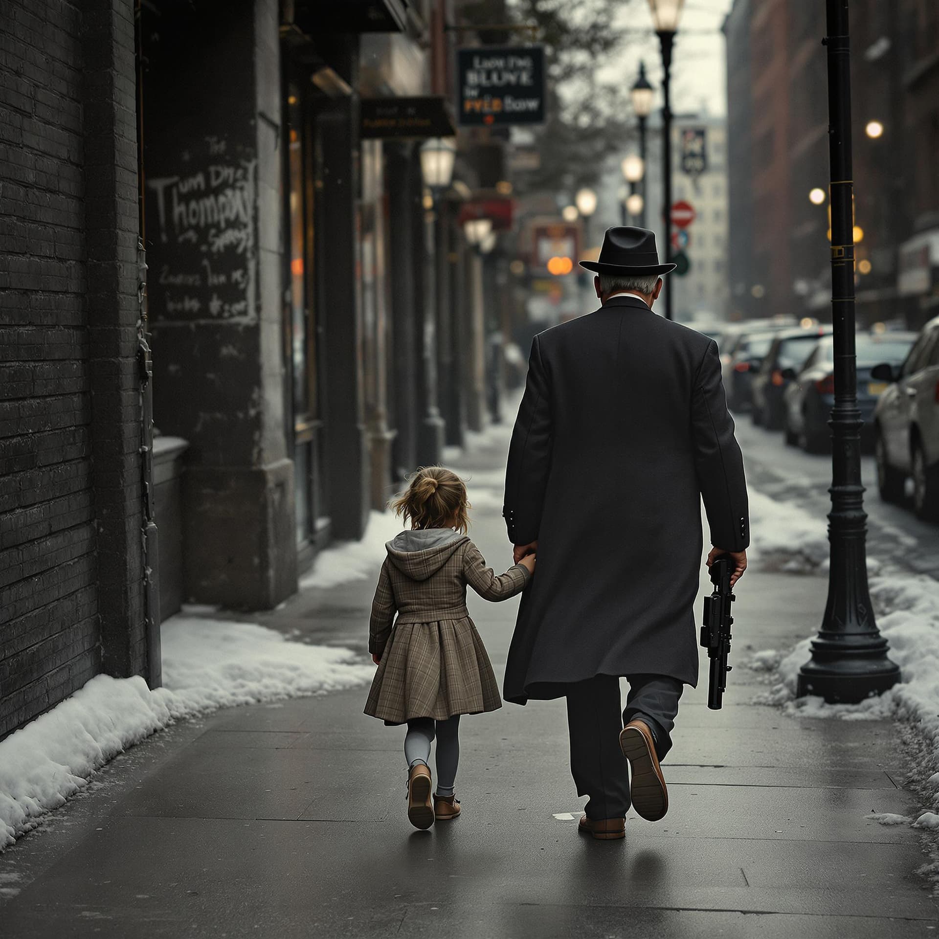 AI generated: An old gangster leads a little girl by the hand down the street of New York, and in his other hand h...