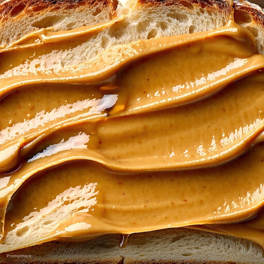 AI generated: Macro technical photography of thick-cut sourdough bread with a precise layer of honey peanut butter...