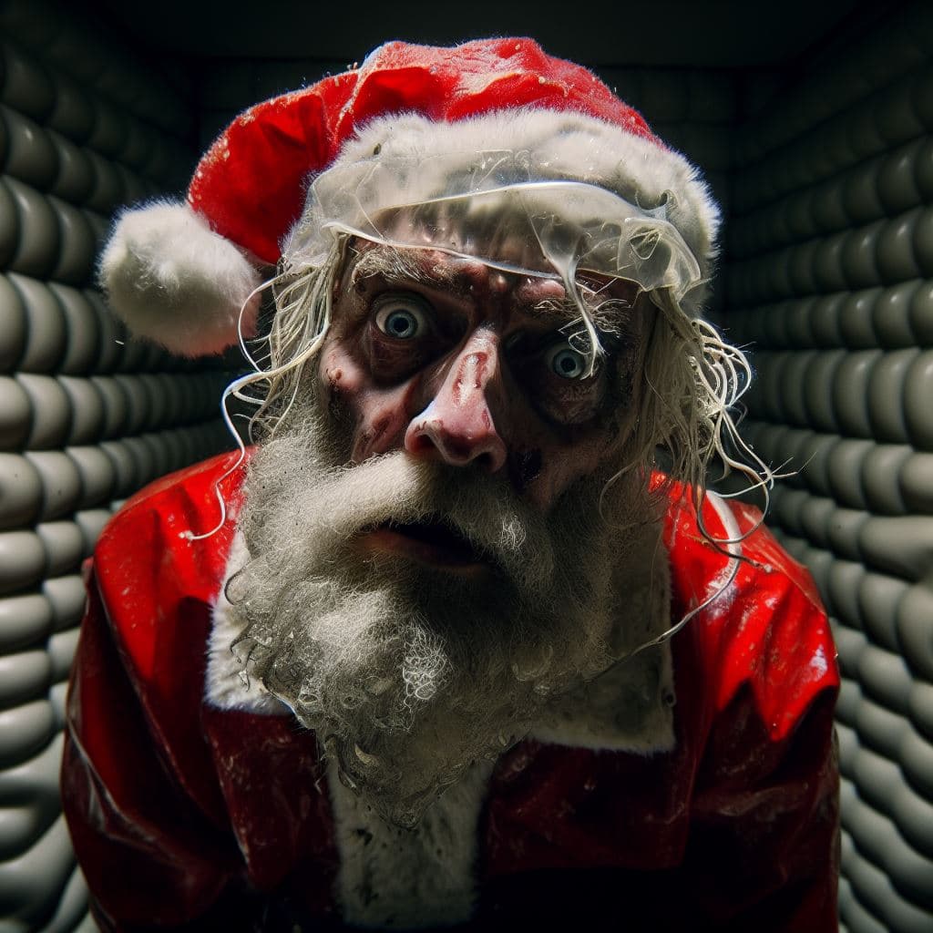AI generated: Santa Clause, dirty, neglected in a padded cell in a psychiatric hospital, he looks and laughs distu...