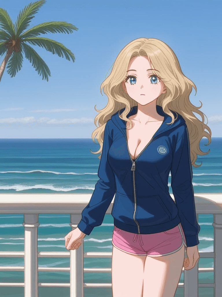 AI generated: a woman with mermaid waves hair, dark-blonde hair, light blue eyes, dressed in unzipped dark blue ho...