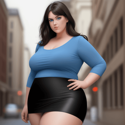 AI generated: Very large plus size lady in  mini skirt with dark hair and blue eyes