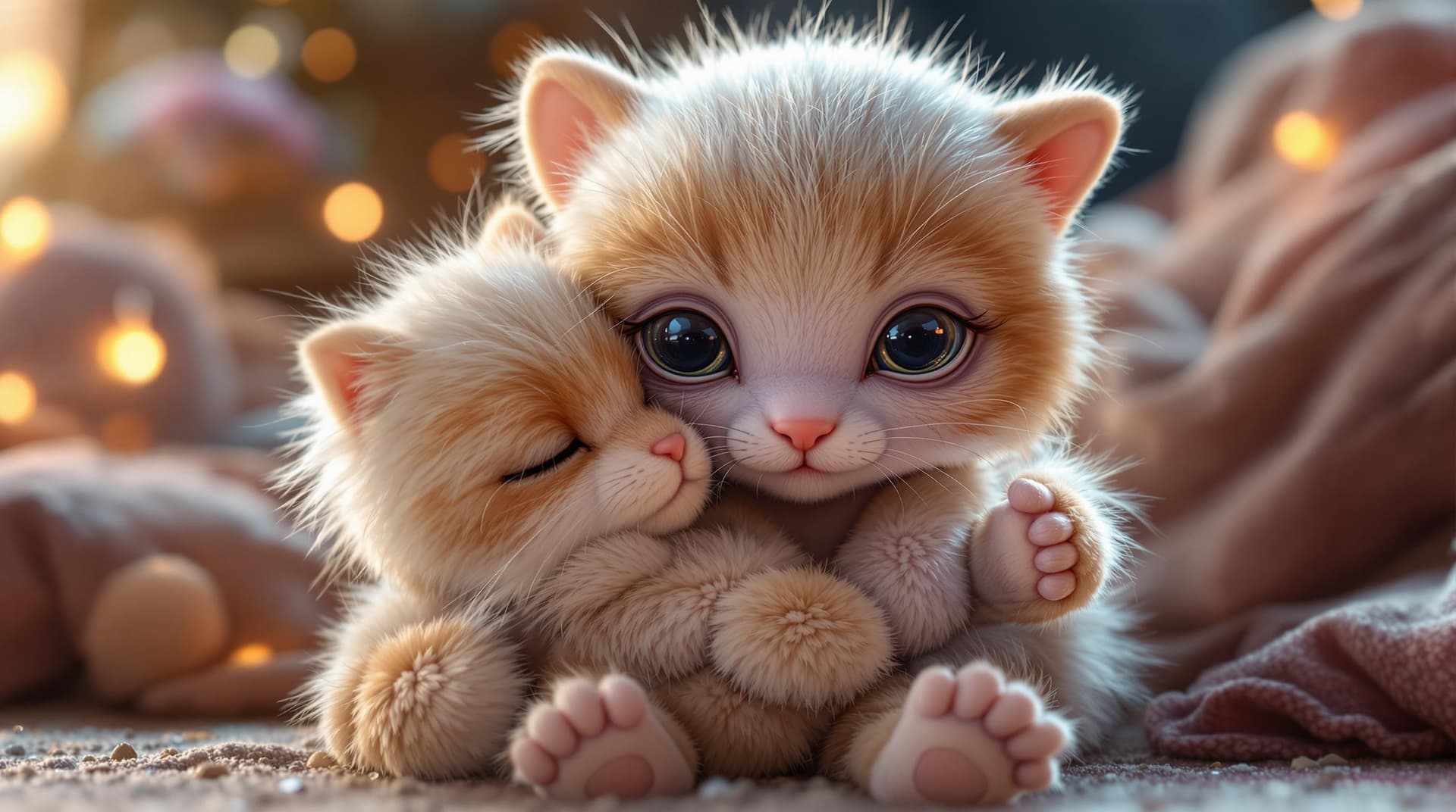 AI generated: a beautiful and cute alien  babie , hugging and playing with a cat plush animal,the plush animal is ...