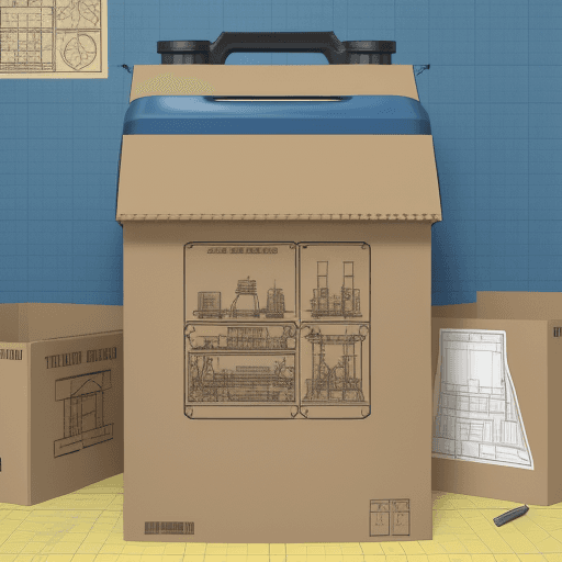AI generated: a 10 liter oil container jerry can made out of cardboard boxes:: engineering blueprints, infograph, ...